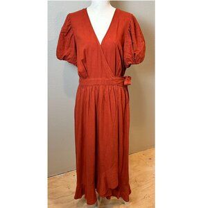 Urban Outfitters UO Amalfi Linen Midi Wrap Dress Size L Rust V Neck Puff Sleeve